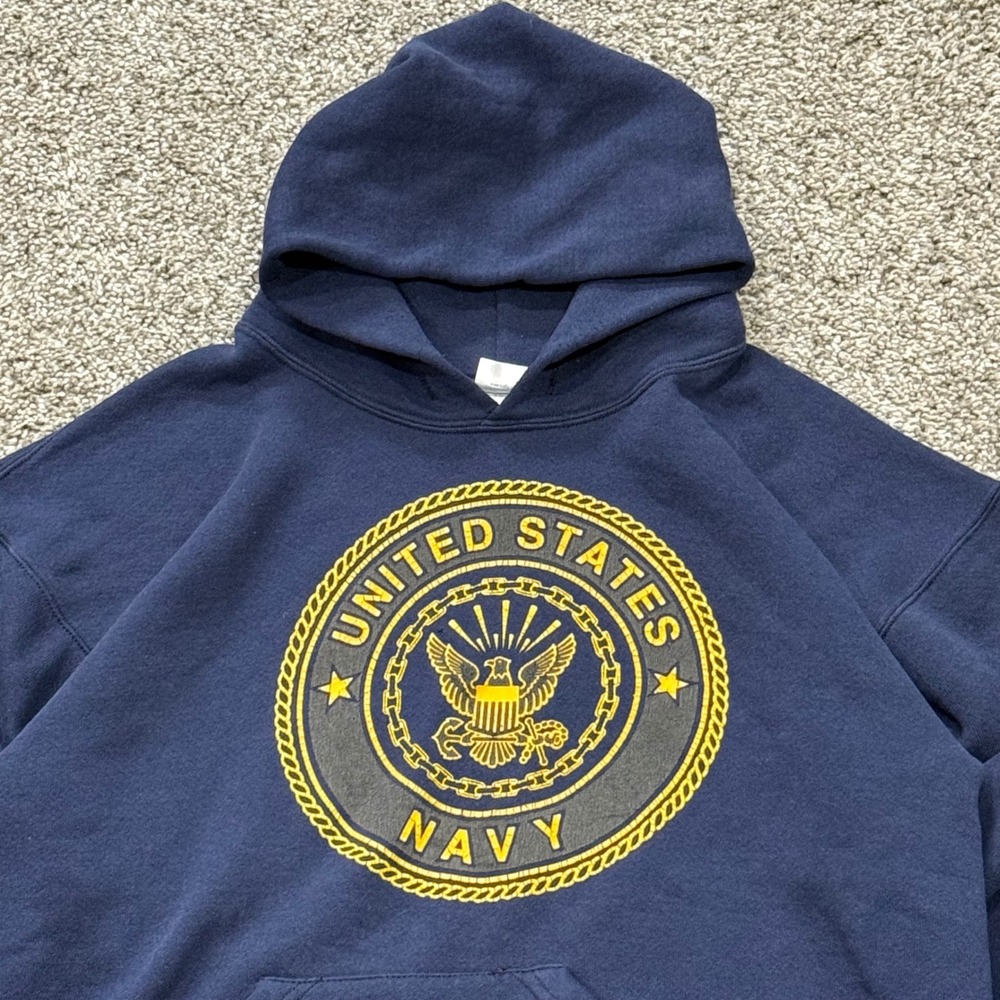 Vintage 90s Soffe US Navy Hoodie Blue Pullover Sweatshirt Made in USA Mens M